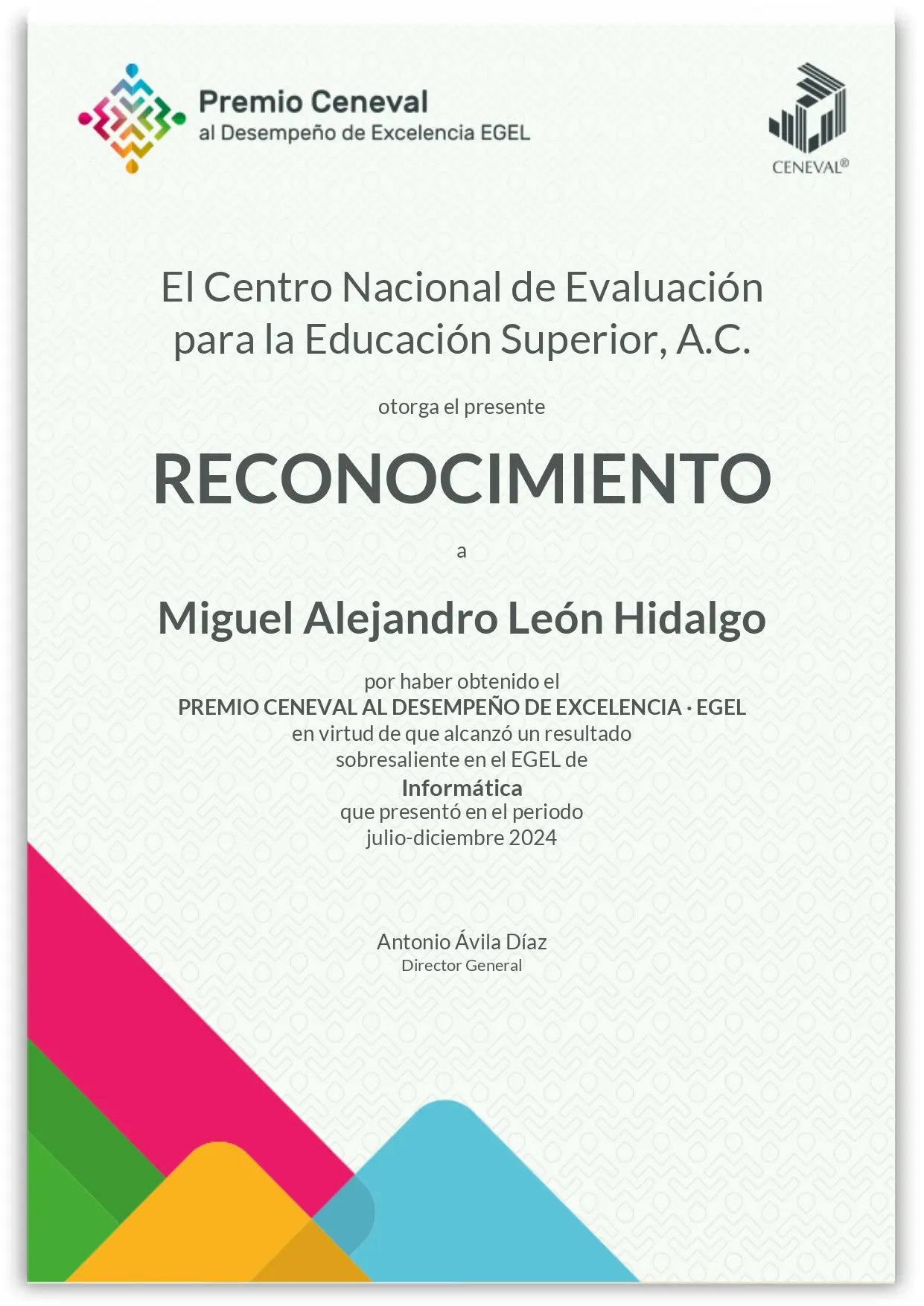 CENEVAL Informatics Award Certificate